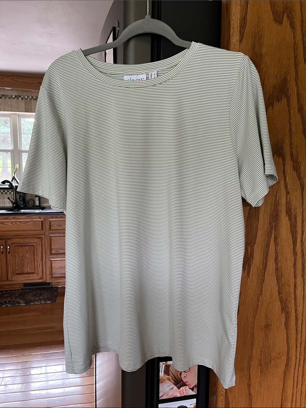 d&co Striped Short Sleeve Crewneck Top - Light Sage